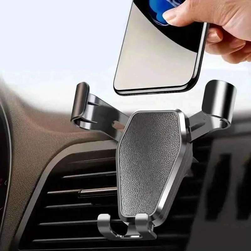 Car phone holder with spring grips, textured dark cradle mounted on air vent