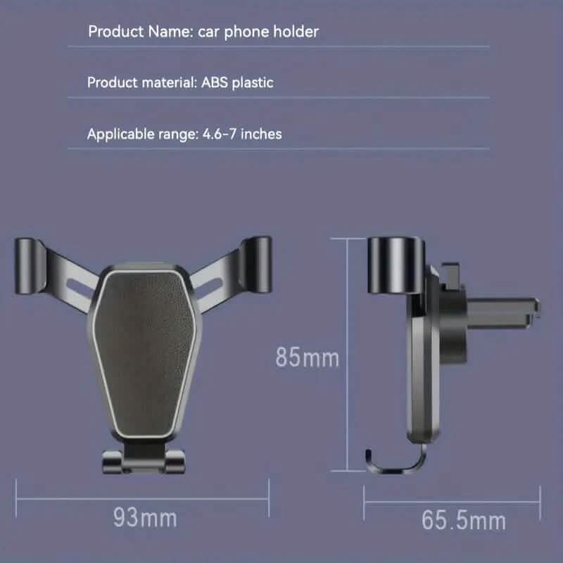 Car phone holder size diagram with vent clips and textured grip pad