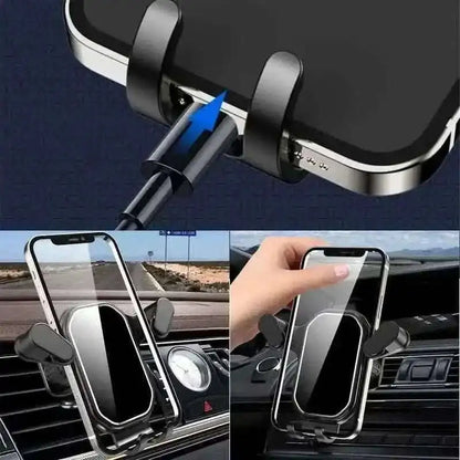 Car phone holder installed on dashboard with vent clip mount, black