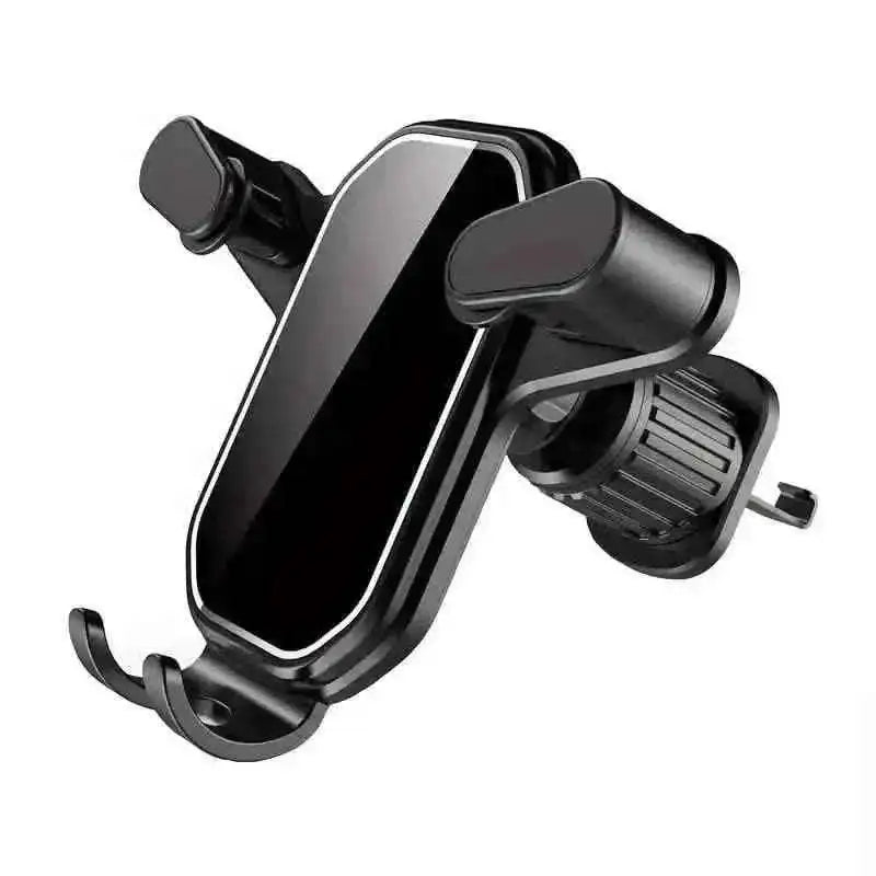 Car phone holder with spring clip arms and adjustable vent mount, black