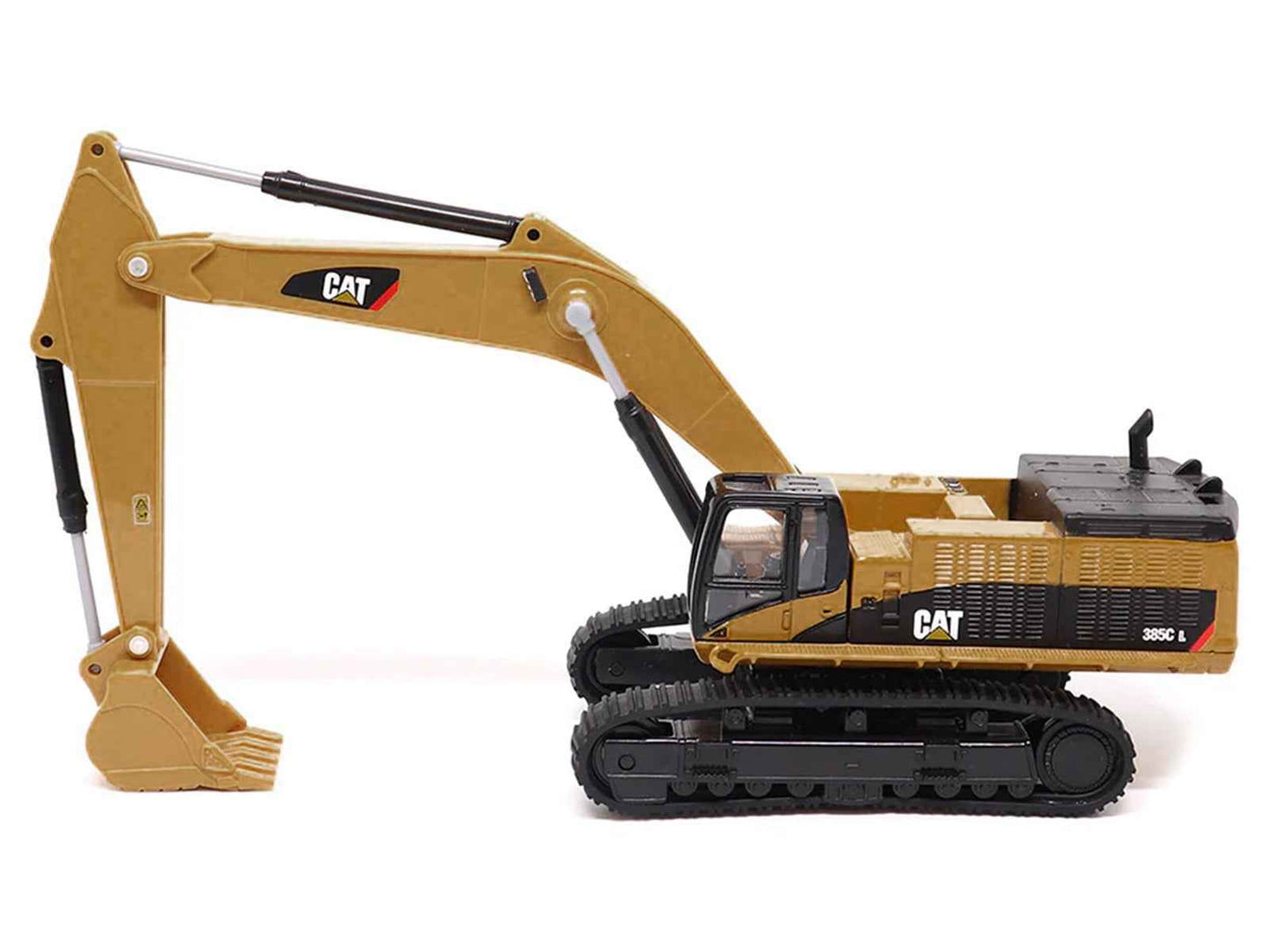 CAT yellow 1/64 diecast hydraulic excavator model with black tracks and digging bucket