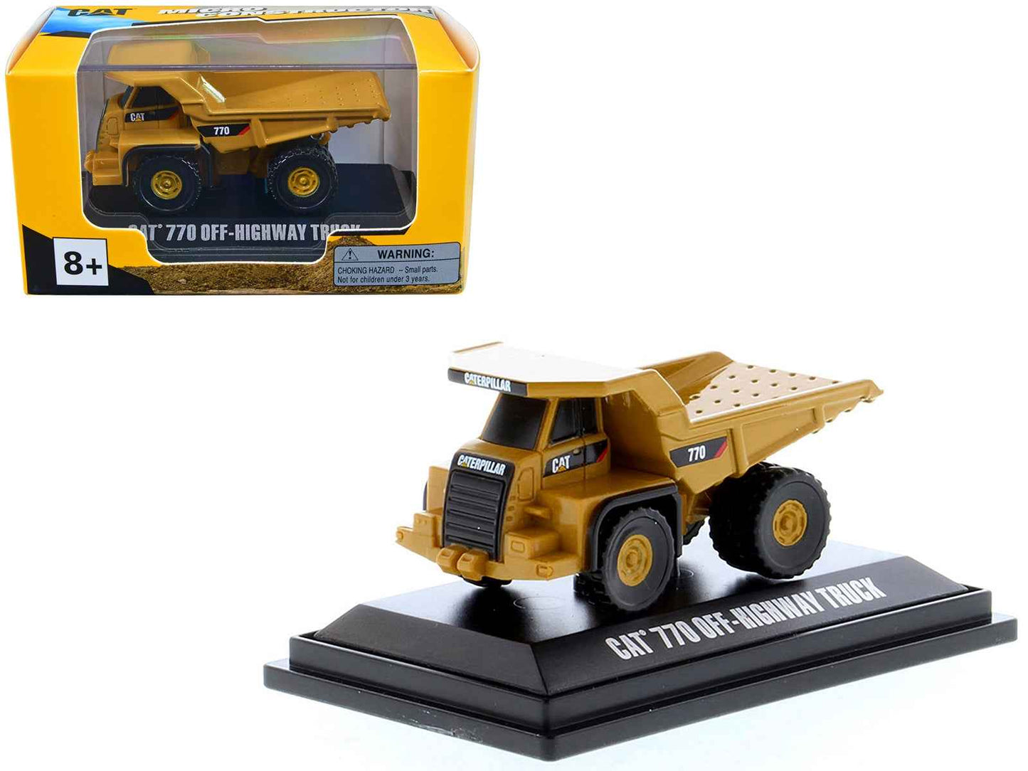 Yellow CAT 770 off-highway truck diecast model on black display base, front 3/4 view