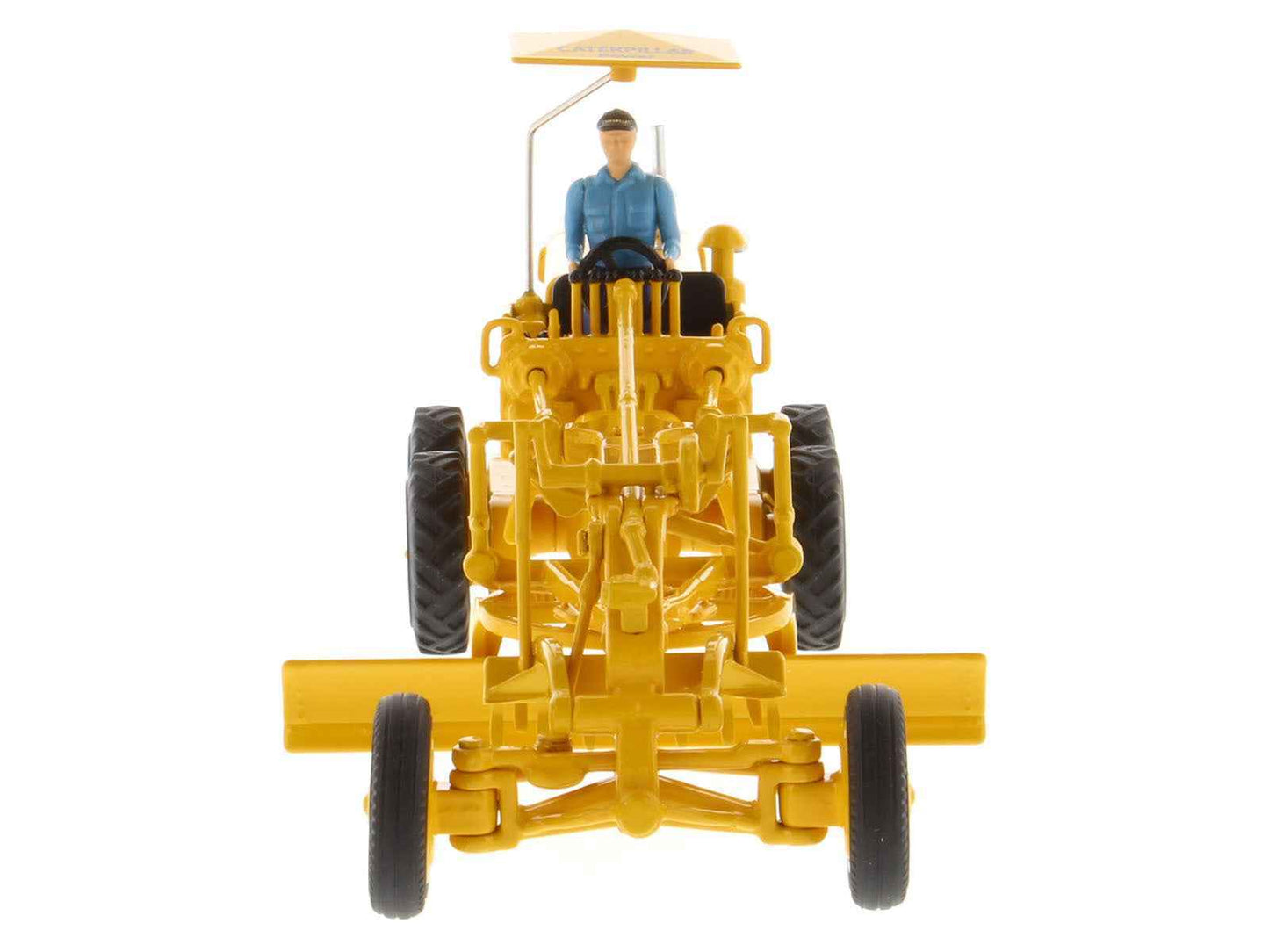 Yellow motor grader diecast front view with seated operator under canopy, large tires