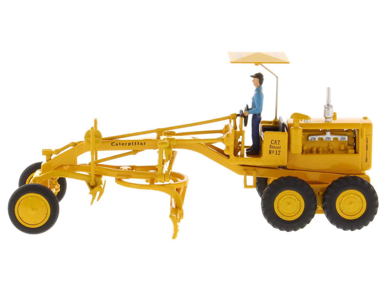 Yellow motor grader diecast with operator in blue, front blade attachment, large tires
