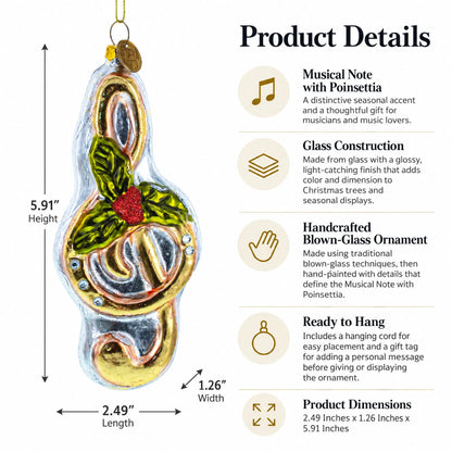 Musical Note with Poinsettia Glass Christmas Ornament