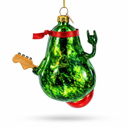 Musical Avocado Strumming a Guitar Glass Christmas Ornament