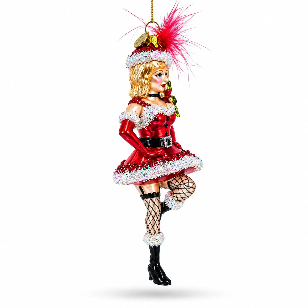 Woman in Santa Dress Dancing Glass Christmas Ornament