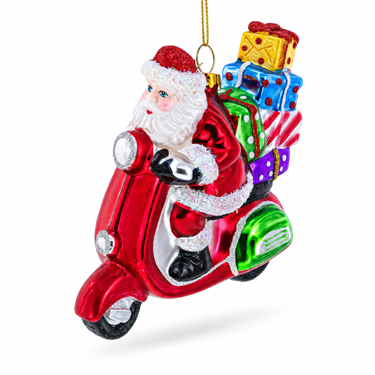 Santa Riding Retro Scooter with Gifts Glass Christmas Ornament