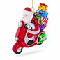 Santa Riding Retro Scooter with Gifts Glass Christmas Ornament