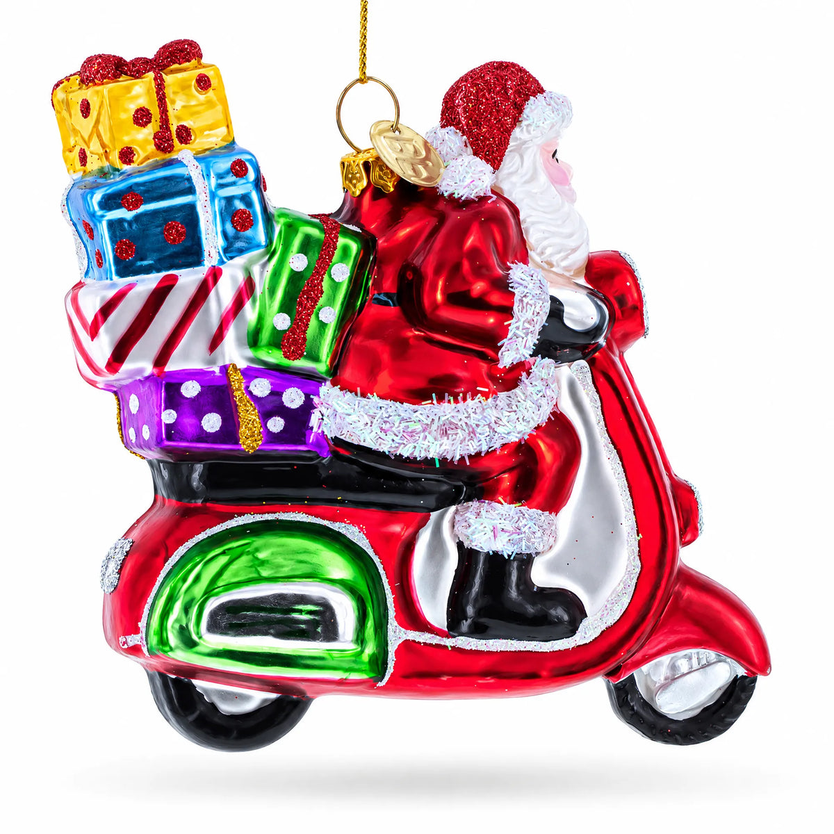 Santa Riding Retro Scooter with Gifts Glass Christmas Ornament