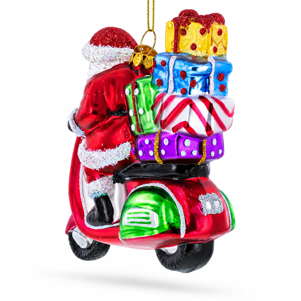 Santa Riding Retro Scooter with Gifts Glass Christmas Ornament