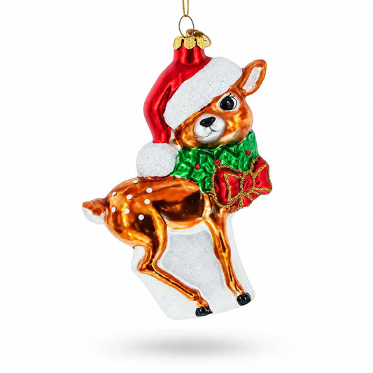 Reindeer with Santa Hat Glass Christmas Ornament BestPysanky Default Title Default Title-