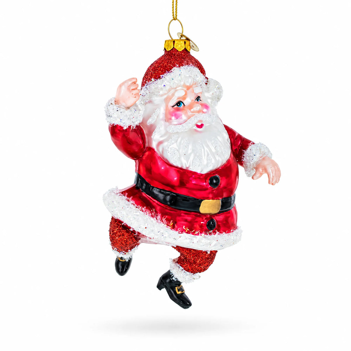 Santa Boogying in Festive Red Attire Glass Christmas Ornament