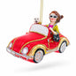 Stylish Woman Driving Pink Cabriolet Glass Christmas Ornament