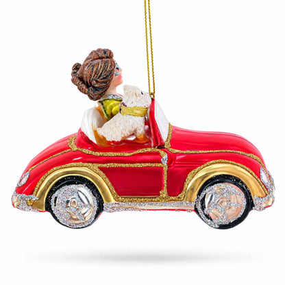 Stylish Woman Driving Pink Cabriolet Glass Christmas Ornament