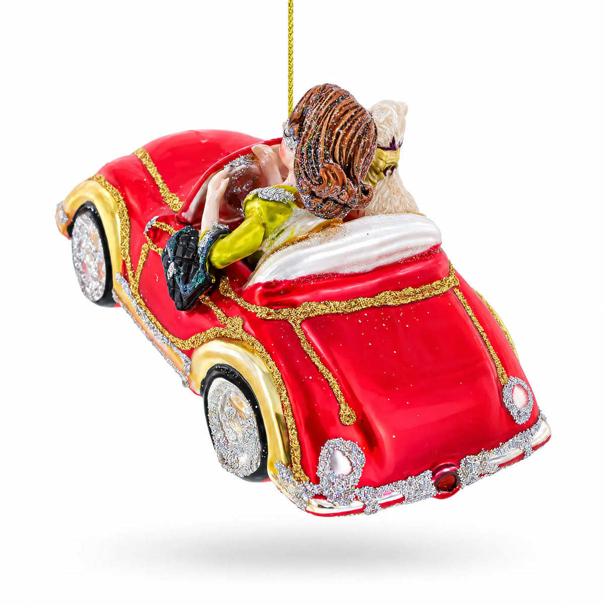 Stylish Woman Driving Pink Cabriolet Glass Christmas Ornament