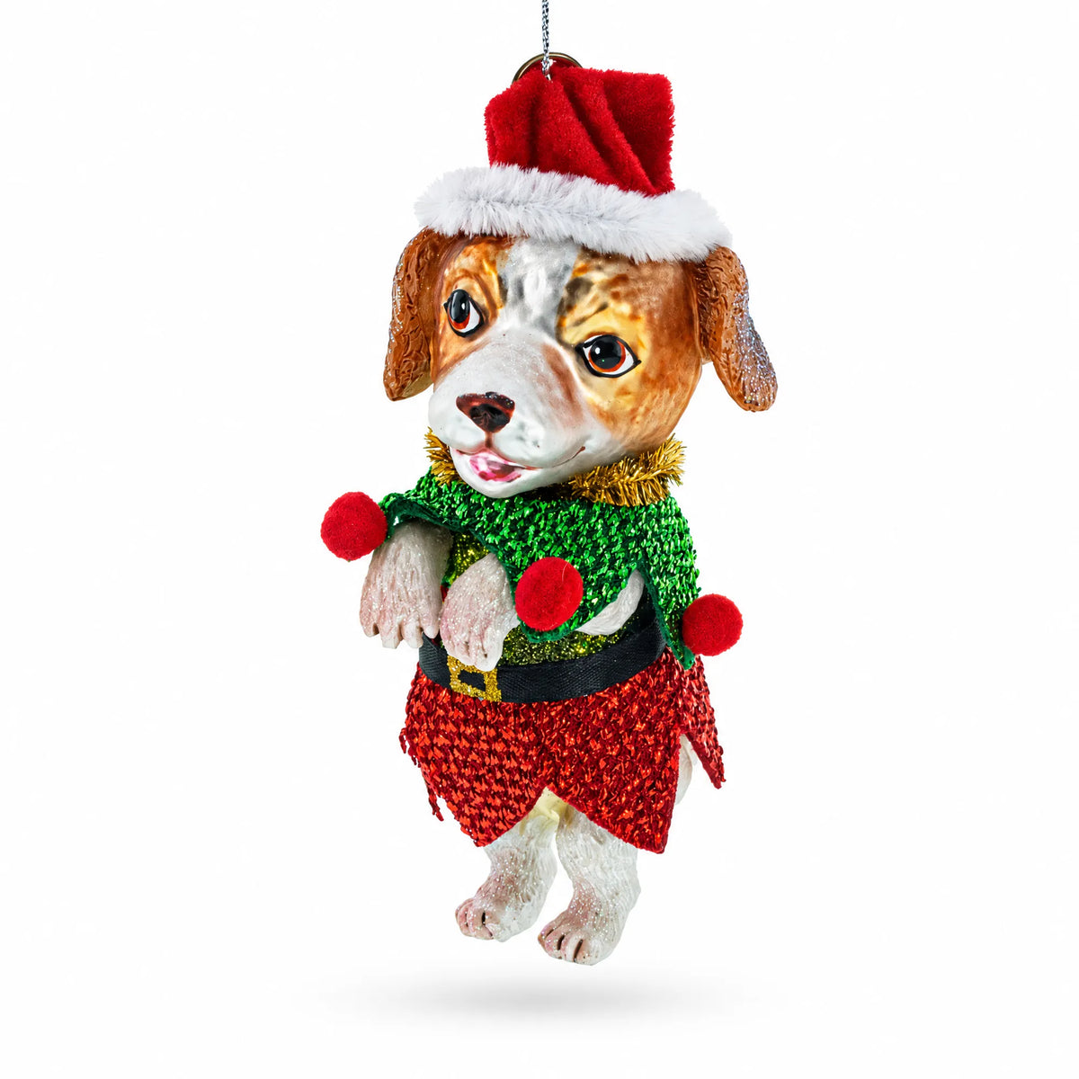 Santa Pup in Elf Costume Glass Christmas Ornament