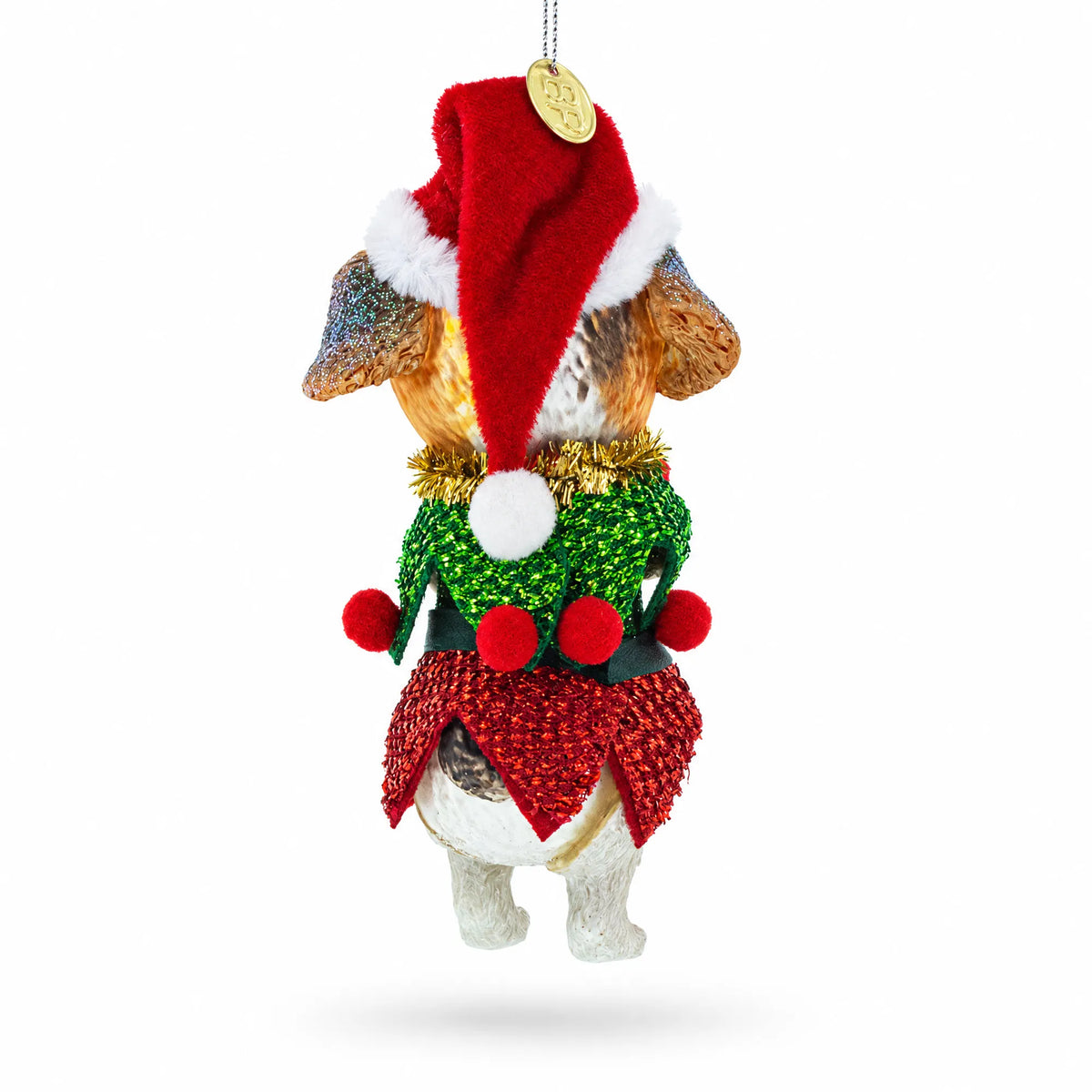 Santa Pup in Elf Costume Glass Christmas Ornament