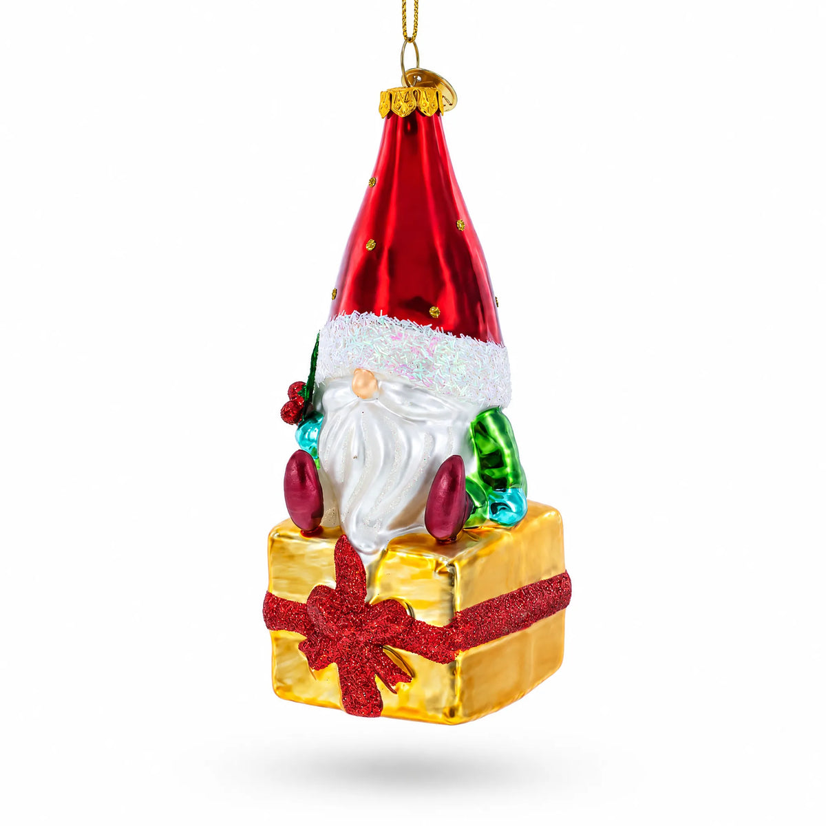 Gnome Bearing Gifts Glass Christmas Ornament