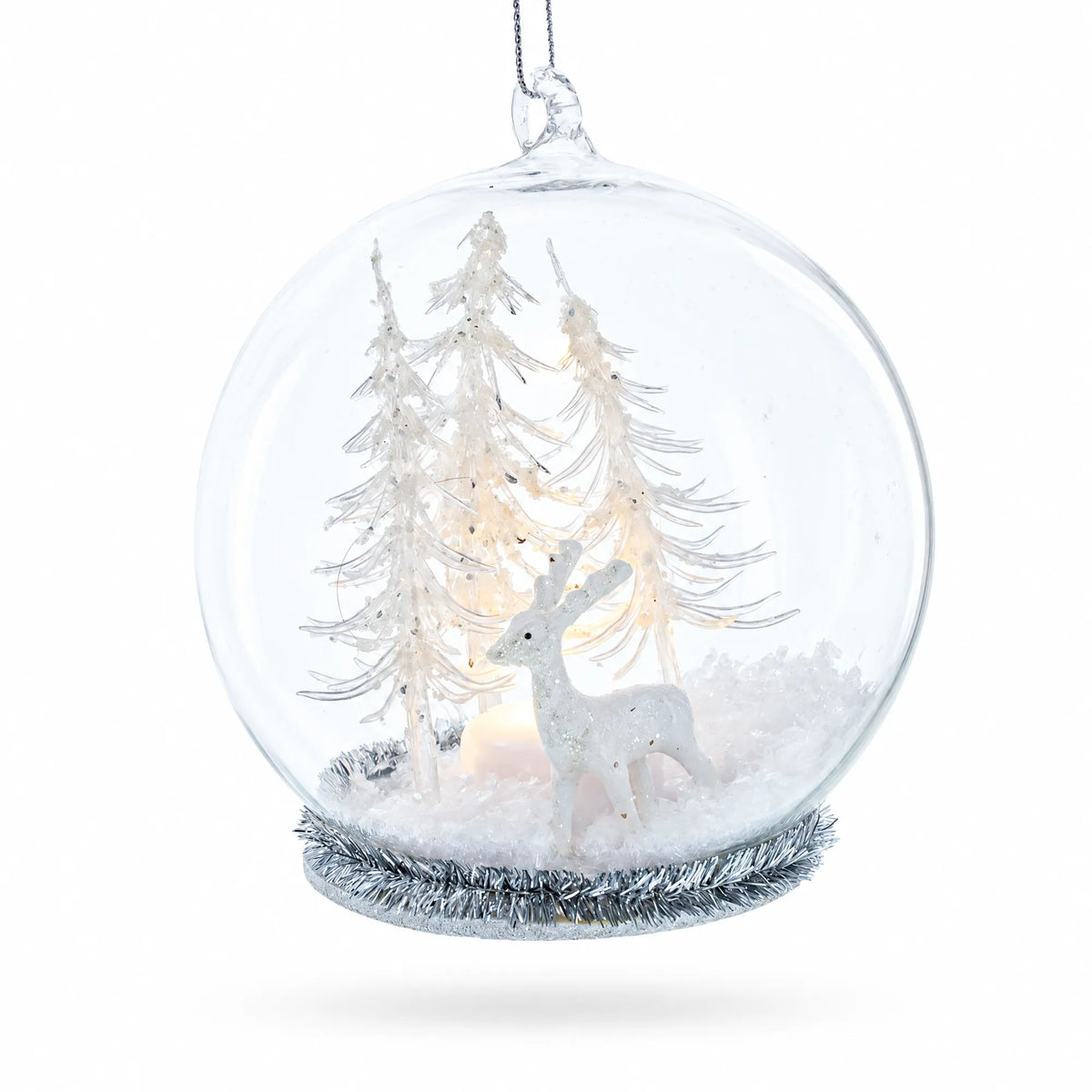 Winter Forest Snow Globe with White Deer Glass Christmas Ornament