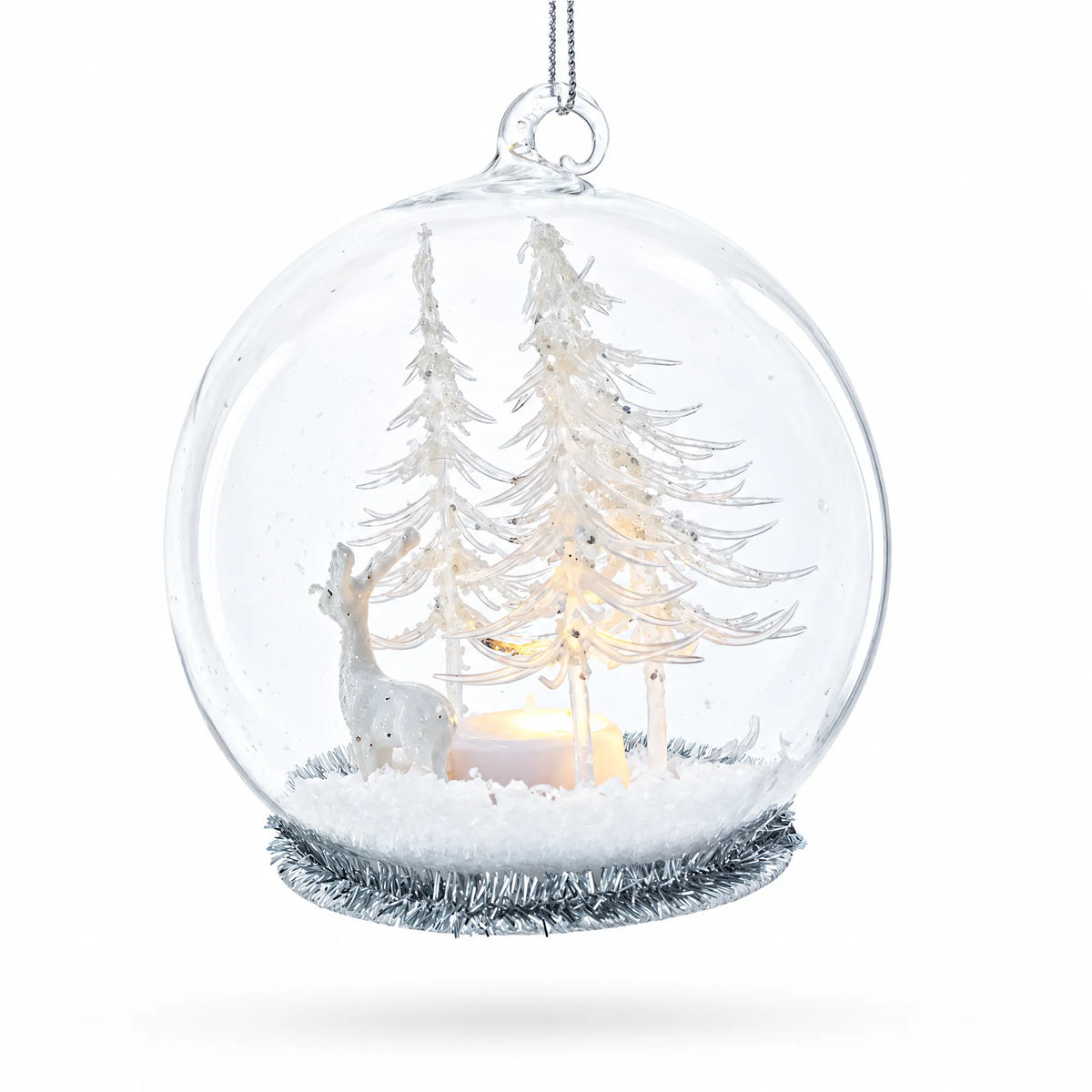 Winter Forest Snow Globe with White Deer Glass Christmas Ornament