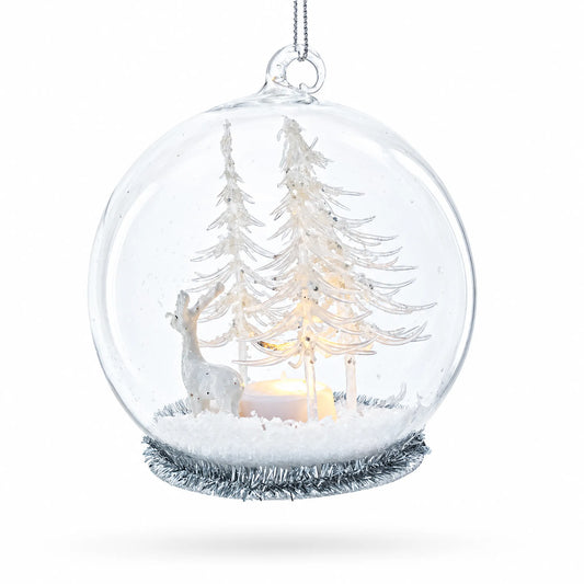 Winter Forest Snow Globe with White Deer Glass Christmas Ornament BestPysanky Default Title Default Title-