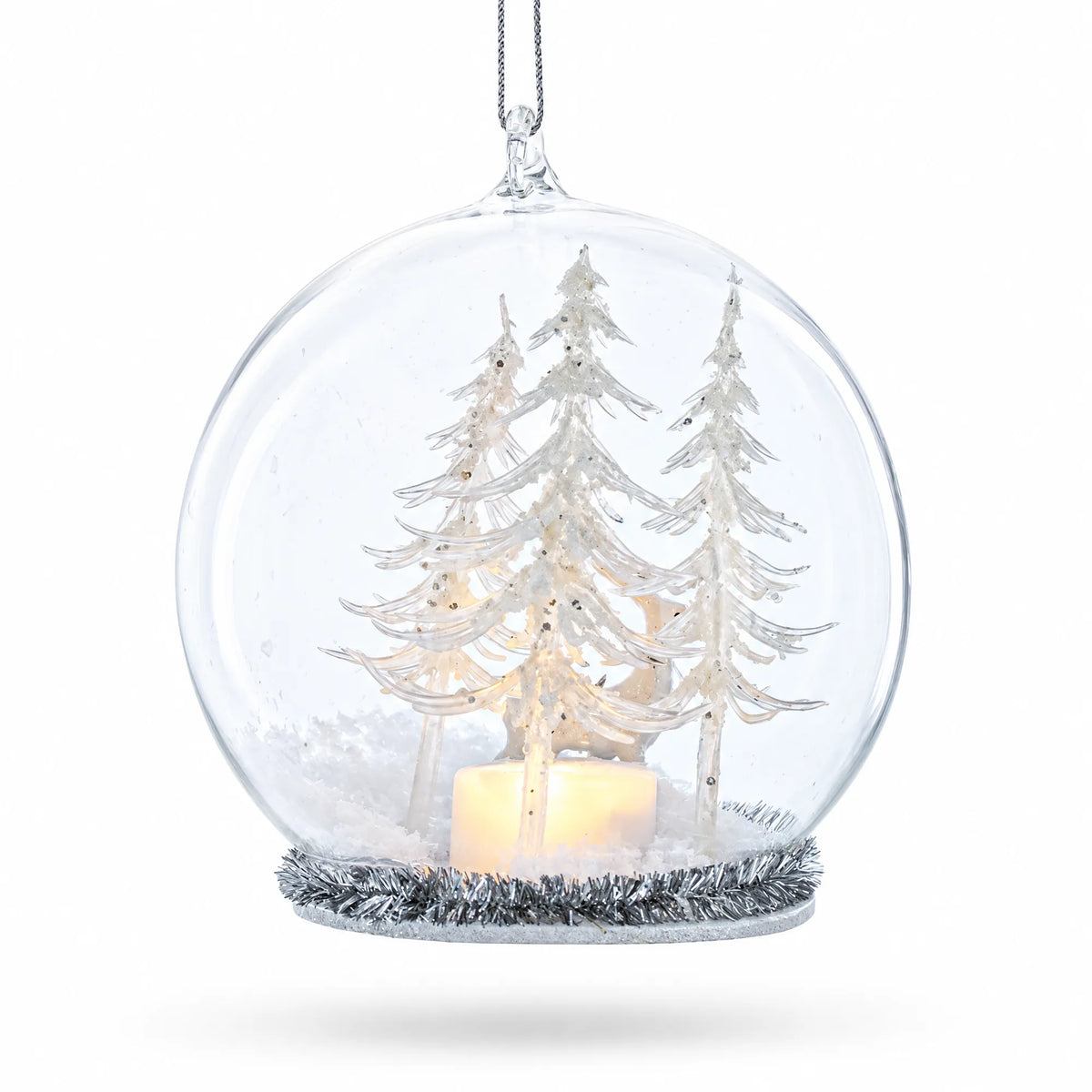 Winter Forest Snow Globe with White Deer Glass Christmas Ornament