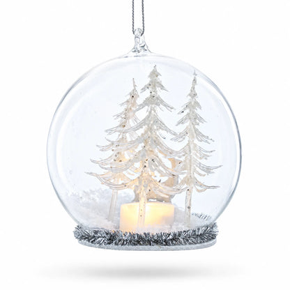 Winter Forest Snow Globe with White Deer Glass Christmas Ornament