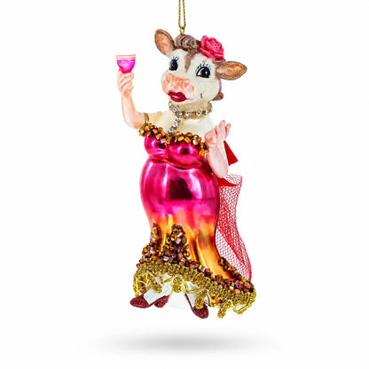 Pink-Dressed Cow with Wine Glass  Christmas Ornament