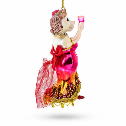 Pink-Dressed Cow with Wine Glass  Christmas Ornament