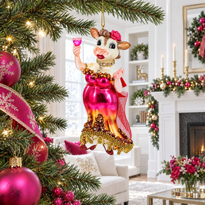 Pink-Dressed Cow with Wine Glass  Christmas Ornament