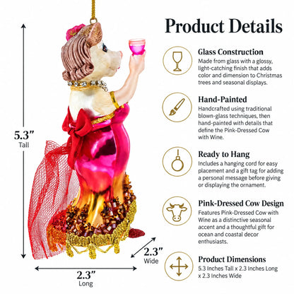 Pink-Dressed Cow with Wine Glass  Christmas Ornament