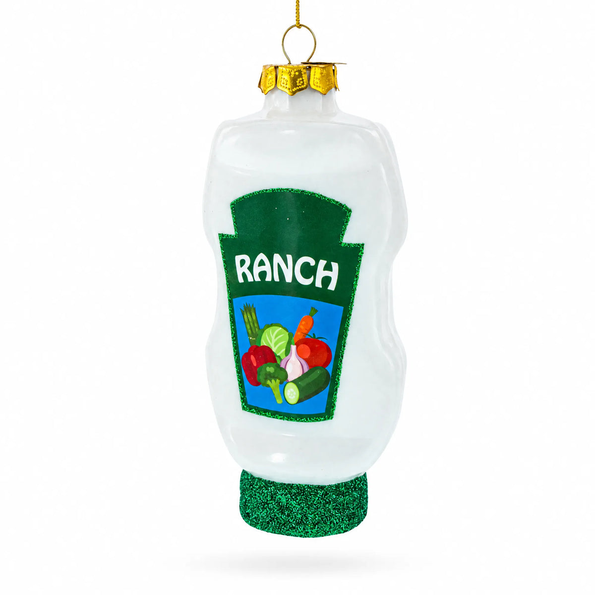 Ranch dressing glass Christmas ornament shaped like a bottle, green glitter cap, gold hook