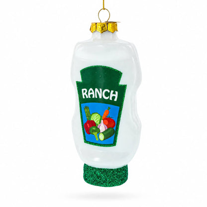 Ranch dressing glass Christmas ornament shaped like a bottle, green glitter cap, gold hook