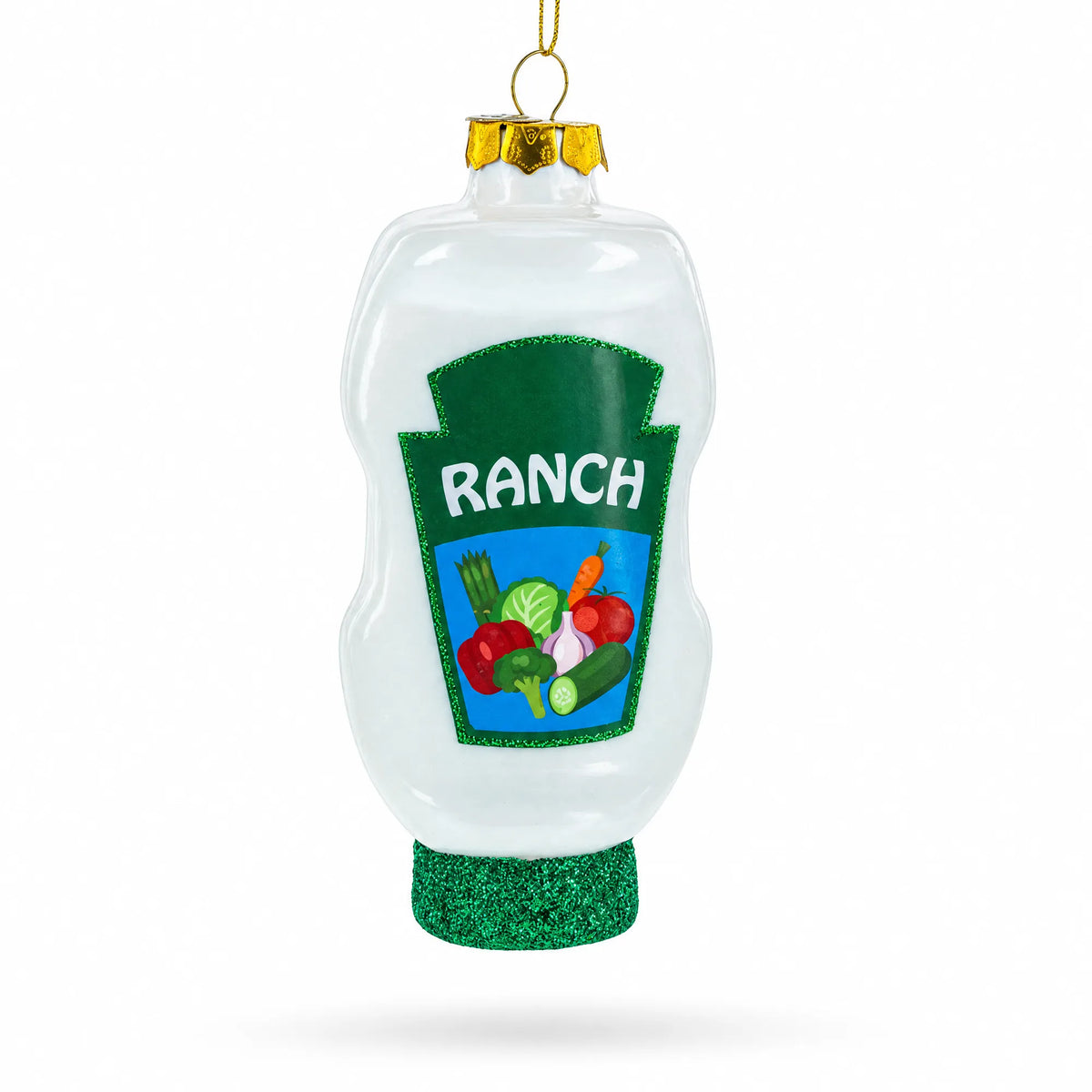 Ranch dressing glass ornament bottle with 'RANCH' label, green glitter base, gold hanger