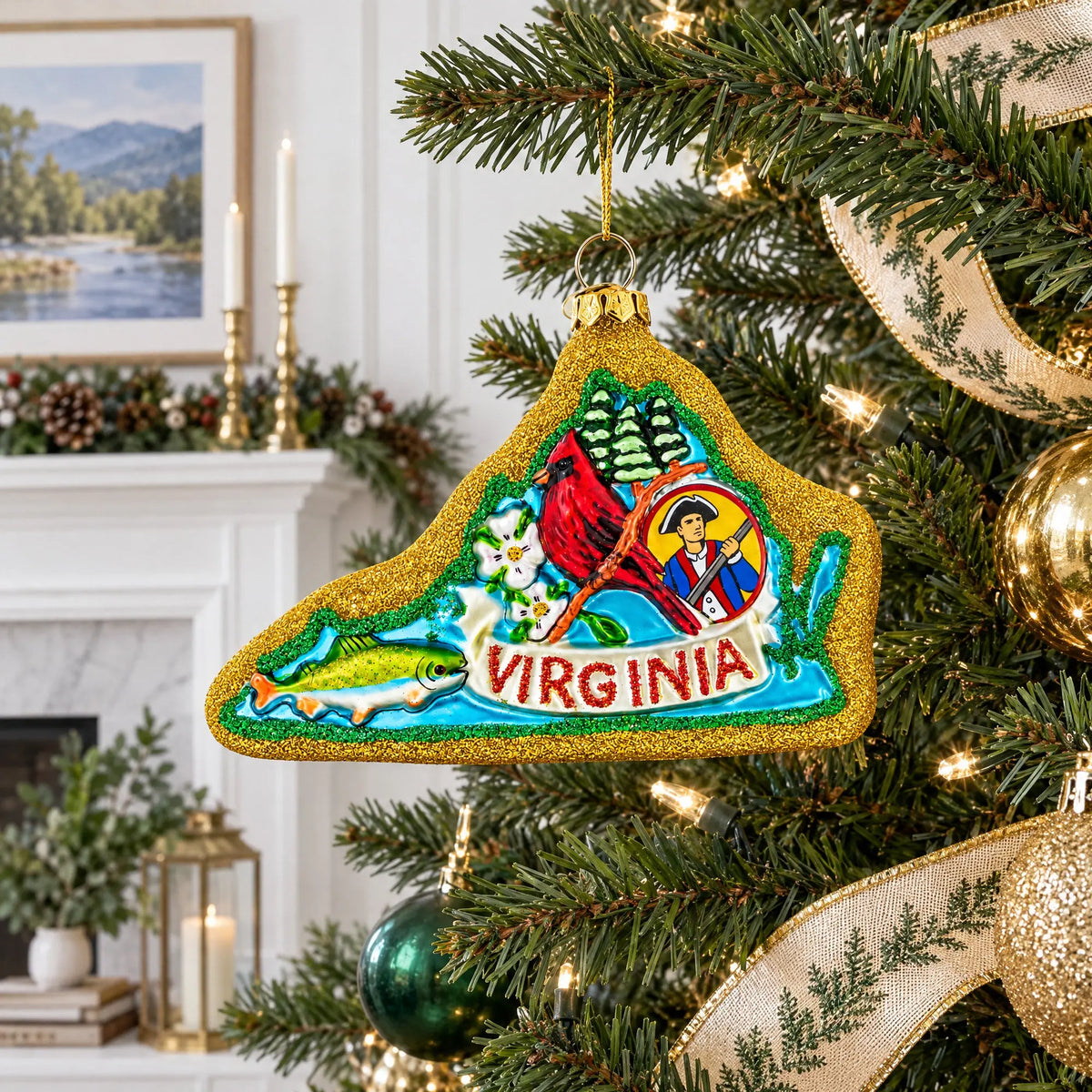 State of Virginia Symbols, USA Glass Christmas Ornament