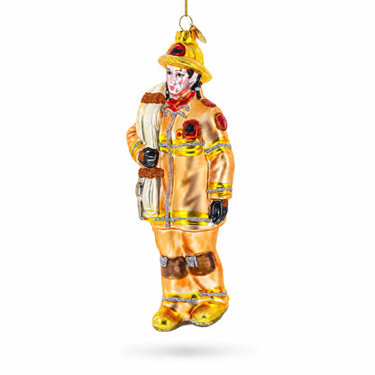 Heroic Fireman with Hose Glass Christmas Ornament