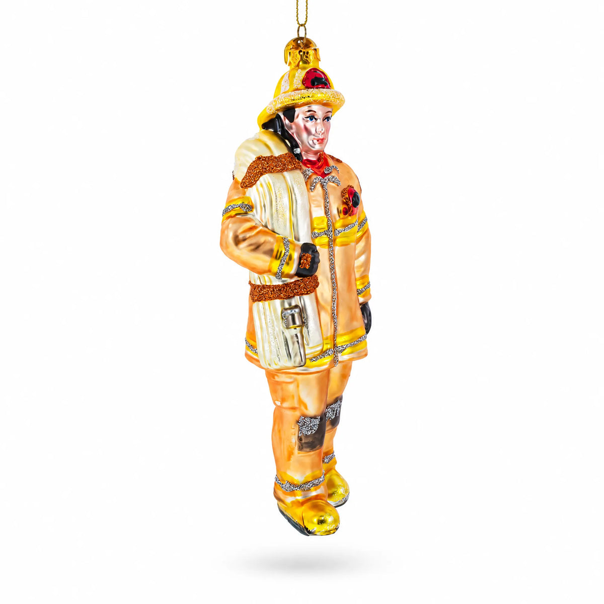 Heroic Fireman with Hose Glass Christmas Ornament