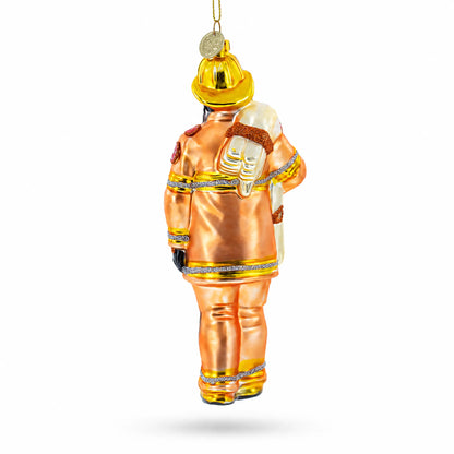 Heroic Fireman with Hose Glass Christmas Ornament