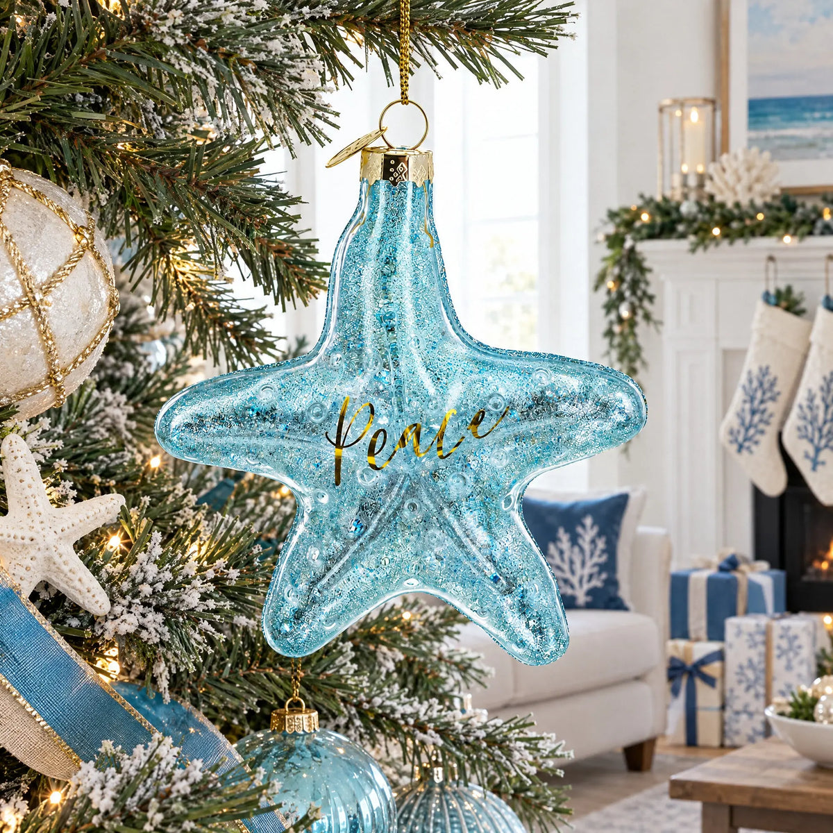 Blue Shiny Star "Piece" Glass Christmas Ornament