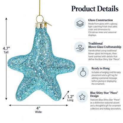 Blue Shiny Star "Piece" Glass Christmas Ornament