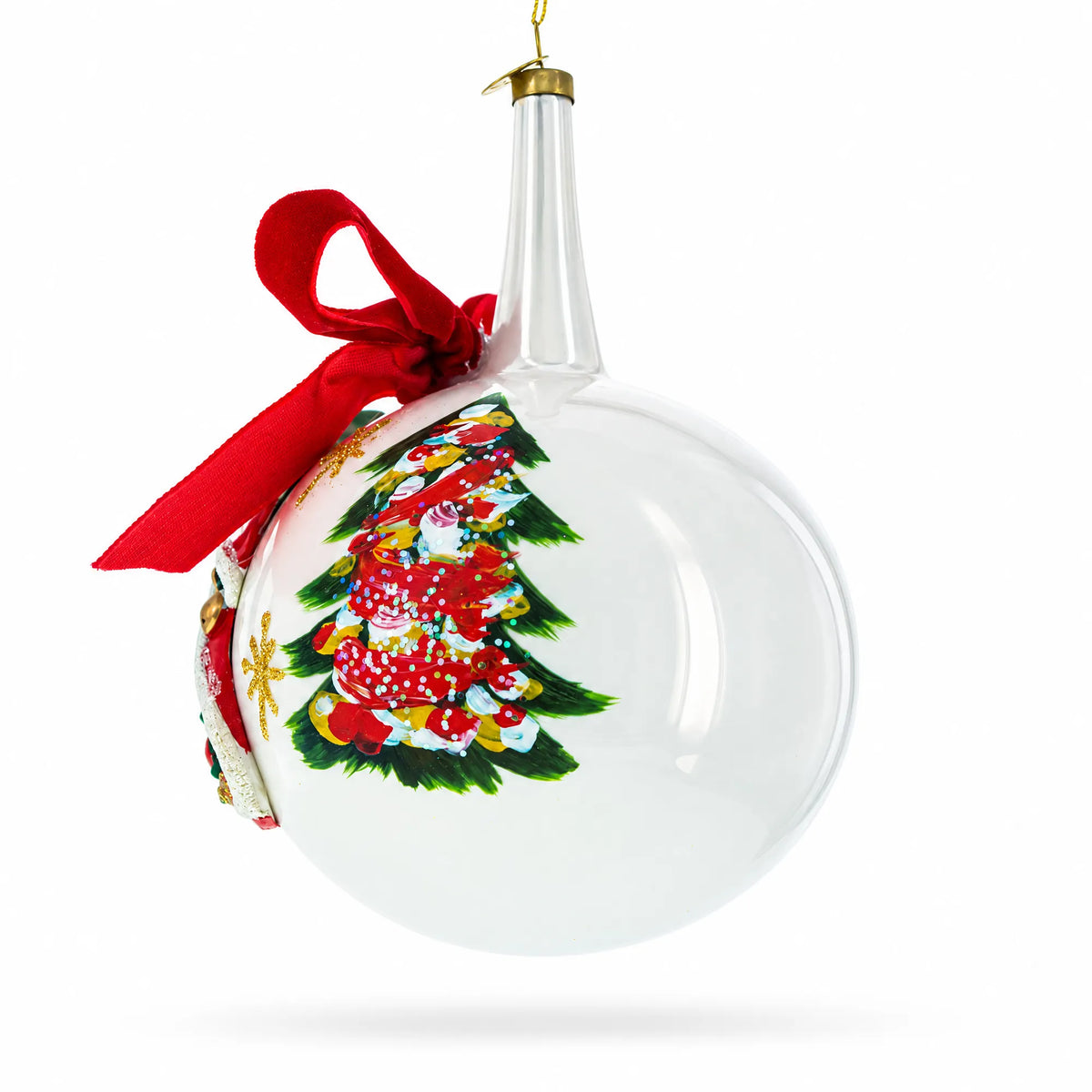 Large Santa, Tree, and Red Bow Glass Ball Christmas Ornament 7 Inches