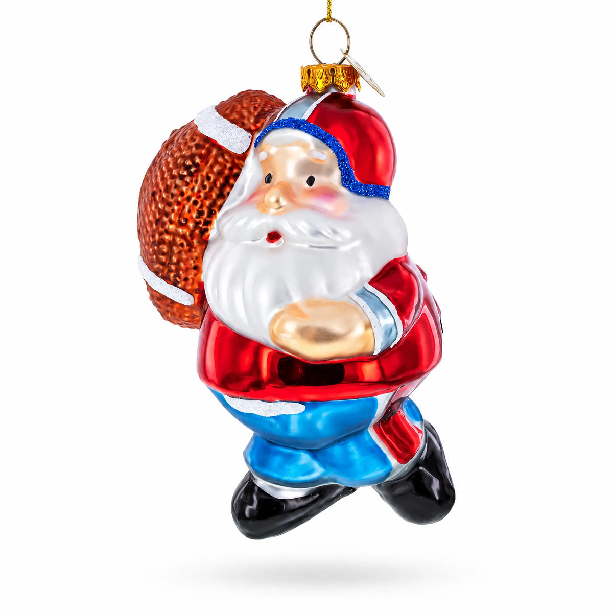 Santa the Football Player Glass Christmas Ornament