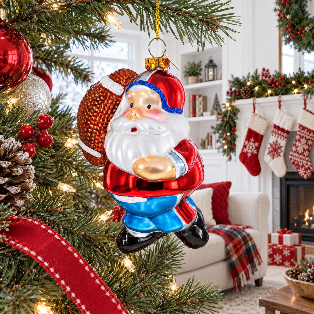 Santa the Football Player Glass Christmas Ornament