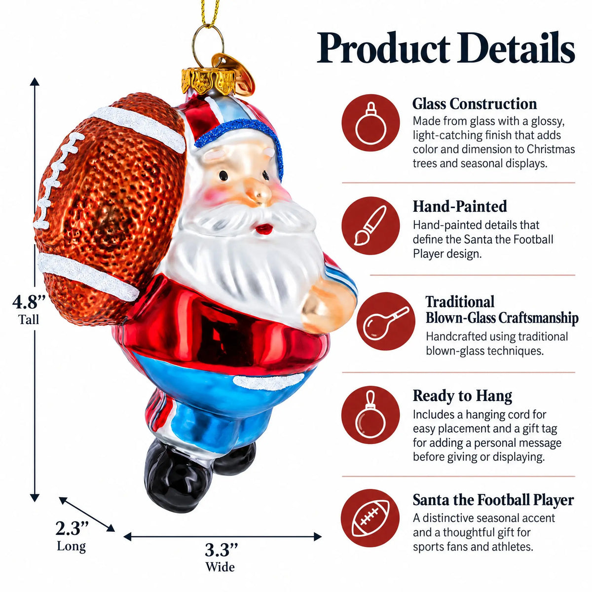 Santa the Football Player Glass Christmas Ornament