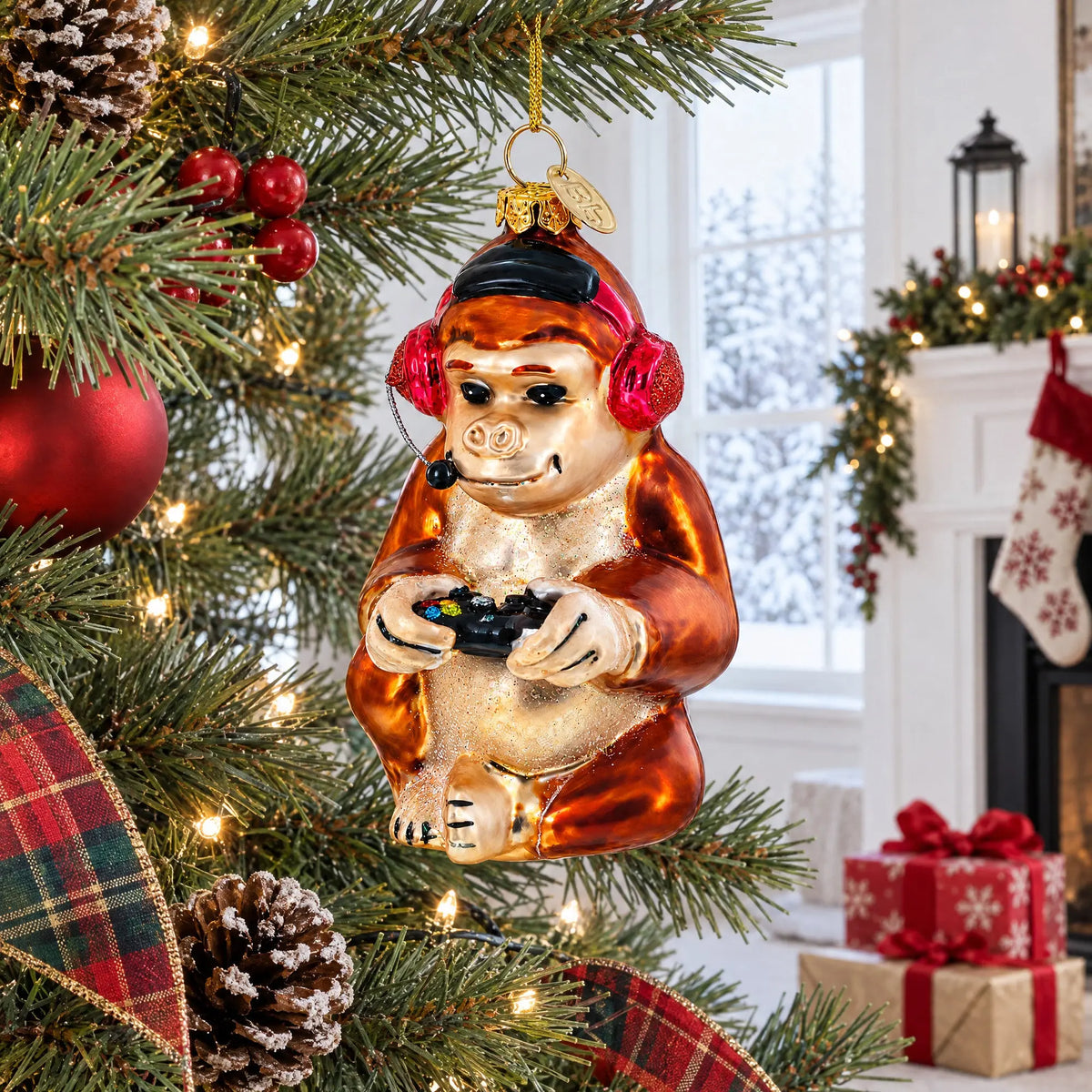 Monkey Video Gamer Glass Christmas Ornament