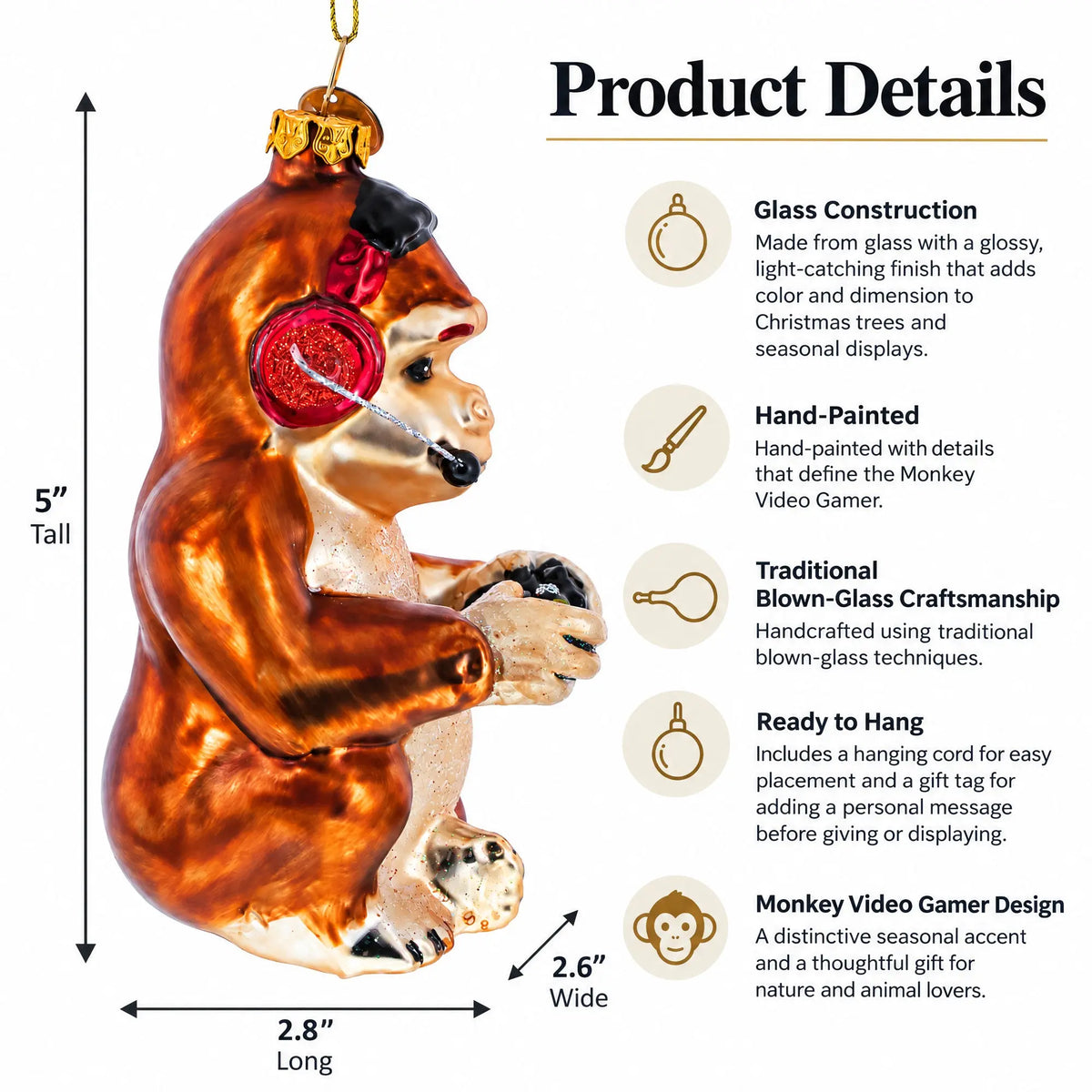 Monkey Video Gamer Glass Christmas Ornament