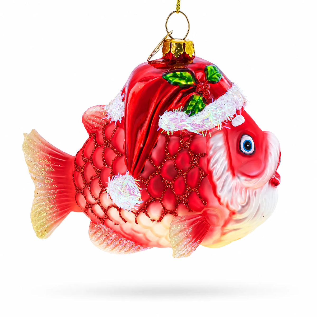 Grandpa Fish in Santa Hat Glass Christmas Ornament