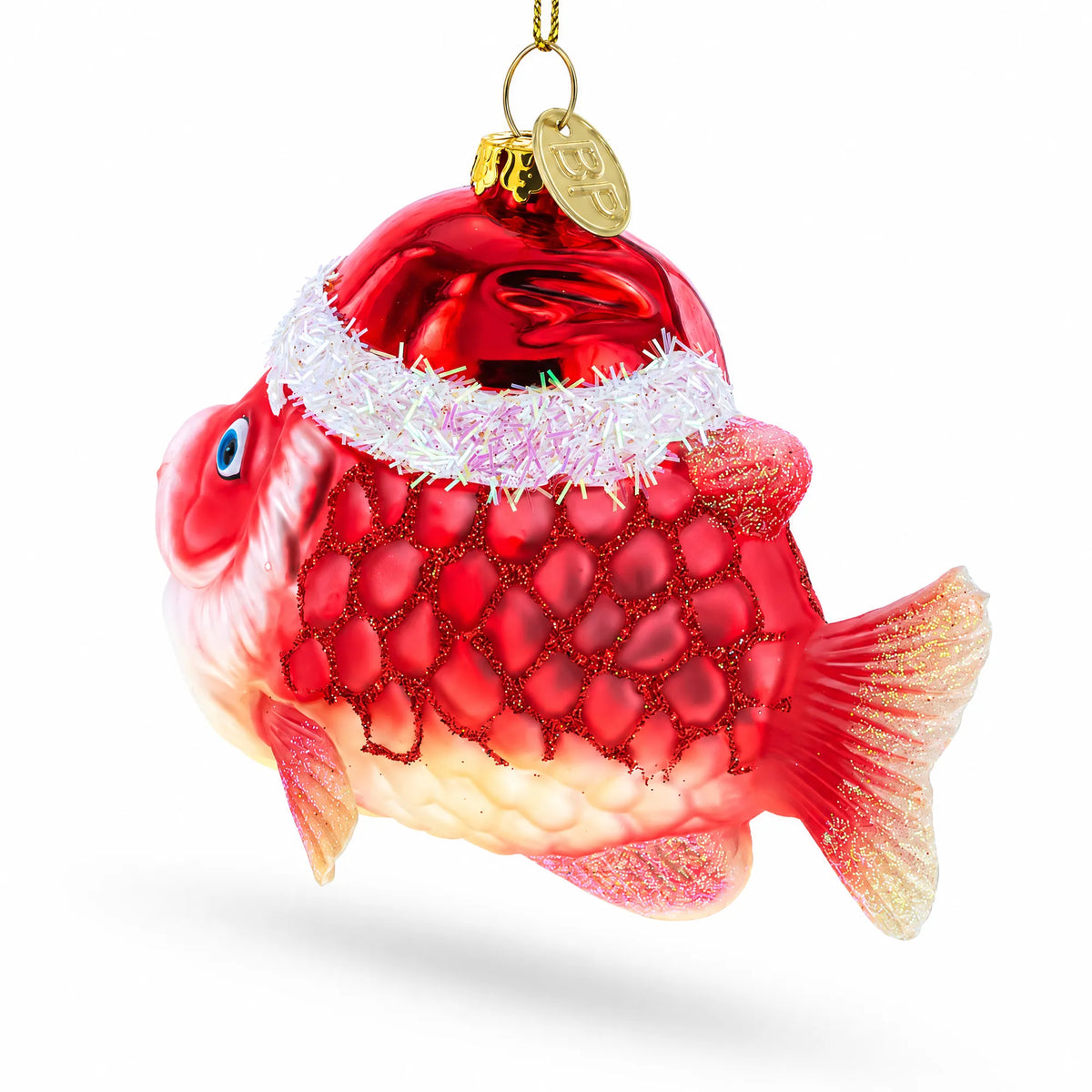 Grandpa Fish in Santa Hat Glass Christmas Ornament