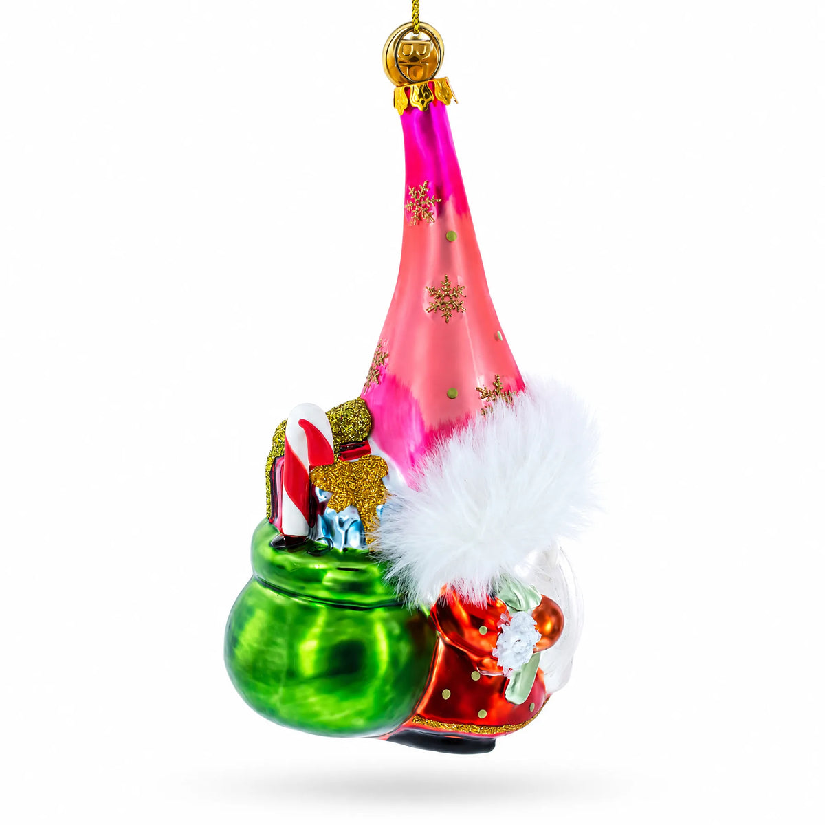 Gnome Carrying Gifts Glass Christmas Ornament